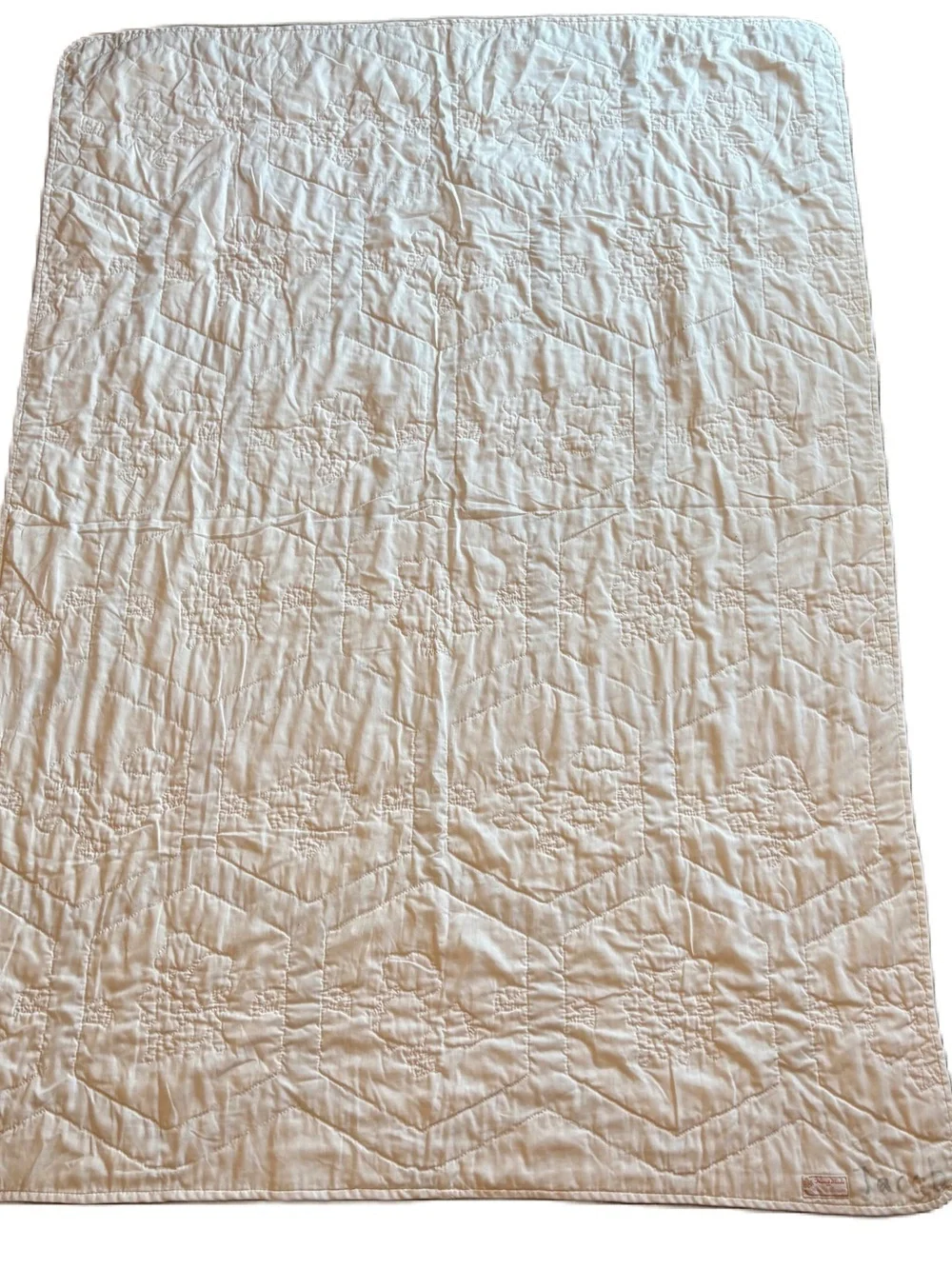 Vintage Nursery Rhyme Handmade White Light Blue Hexagon Patchwork Baby Quilt
